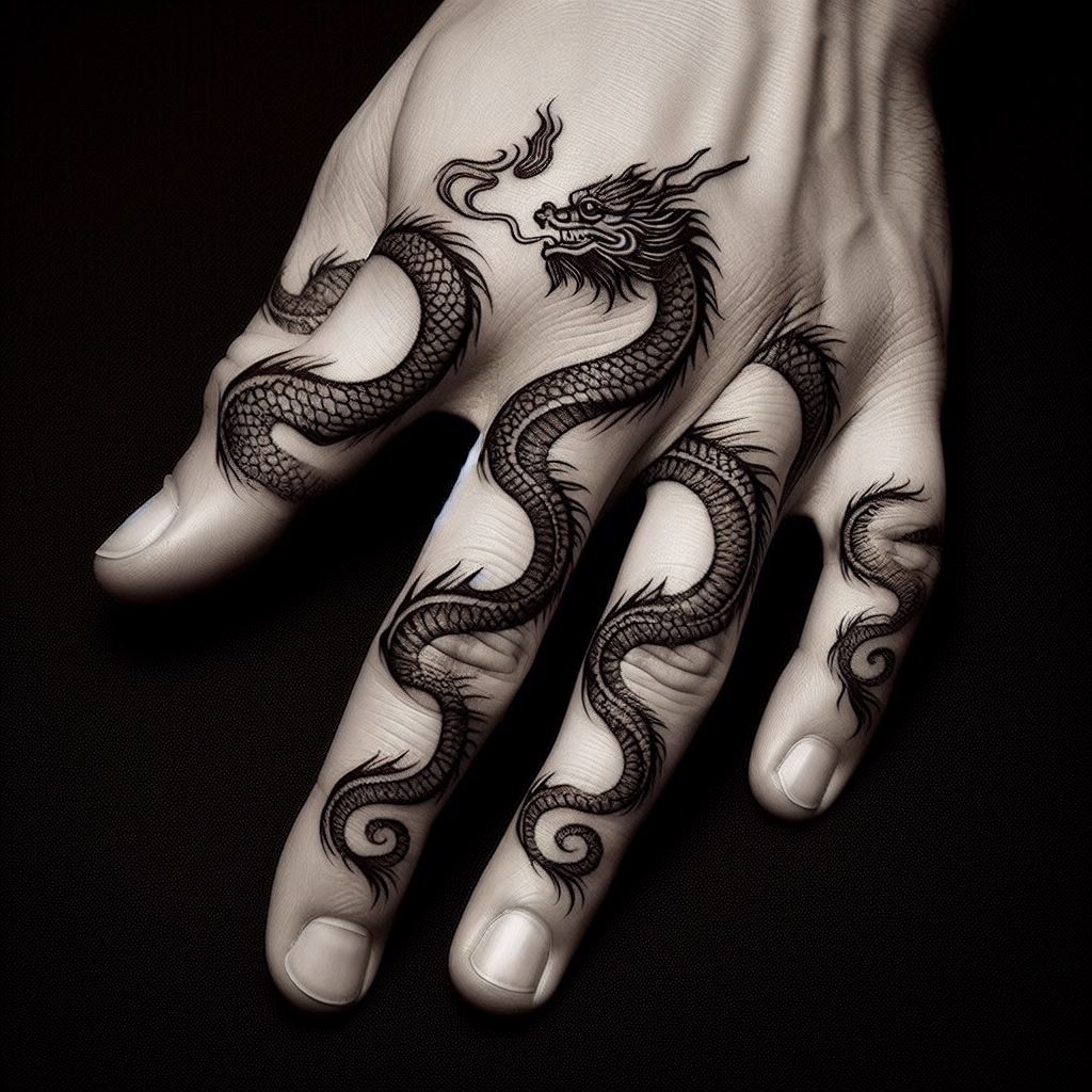 A series of small, interconnected dragon tattoos, each part located on a different finger, creating a complete dragon when the fingers are aligned. The dragon's body segments are designed to flow from one finger to the next, with detailed scales and expressive eyes. This innovative approach offers a discrete yet fascinating depiction of a dragon, blending creativity with personal symbolism.