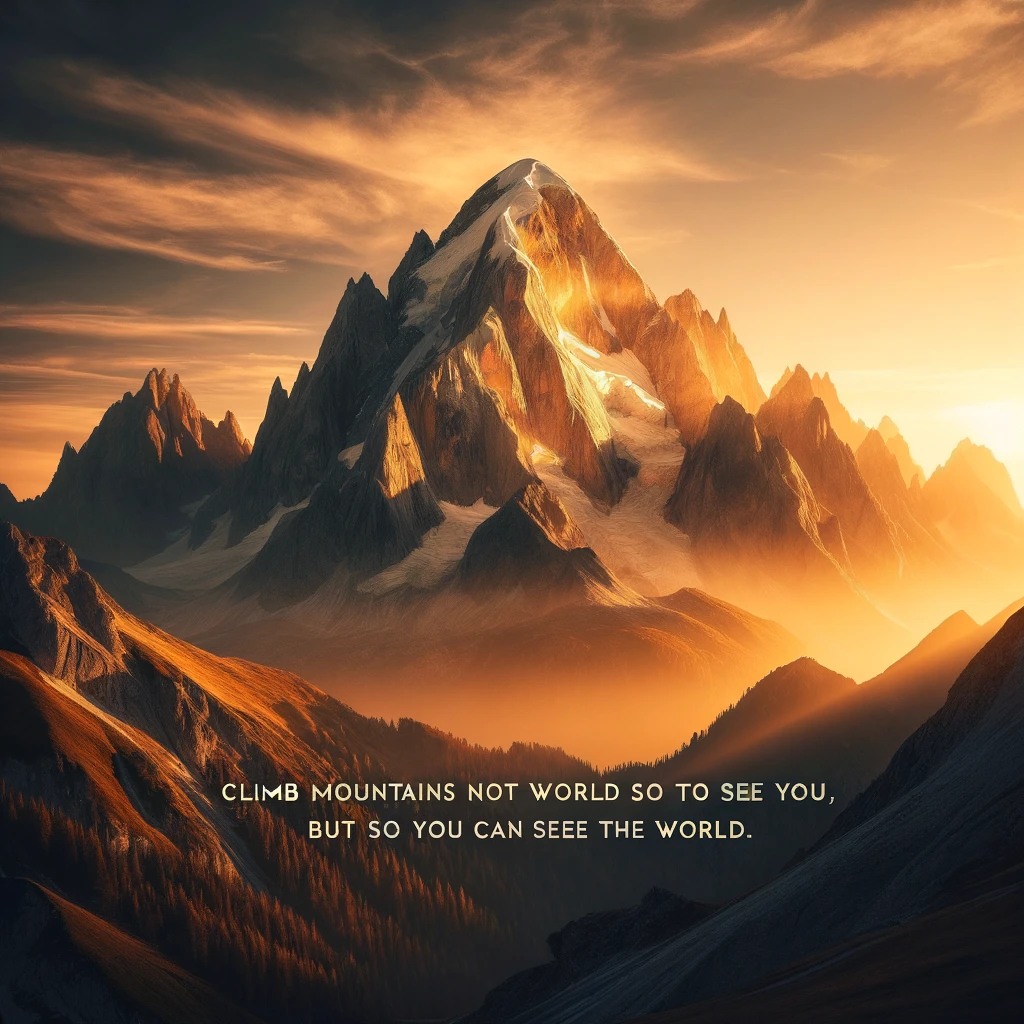 A majestic mountain peak at sunrise, with golden light spilling over the snow-capped summit. Text overlay: "Climb mountains not so the world can see you, but so you can see the world."