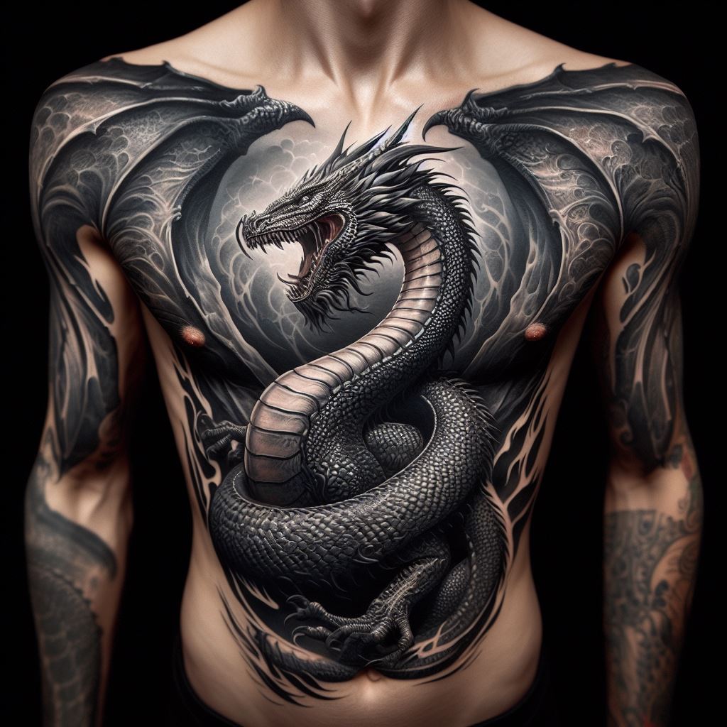 A breathtaking full torso dragon tattoo, covering the chest, abdomen, and back. The dragon's body wraps around the torso in a dynamic pose, with wings that stretch across the chest and back, creating an illusion of embrace. The design is a masterpiece of detail, from the texture of the scales to the intensity of the dragon's gaze, symbolizing power, protection, and freedom.