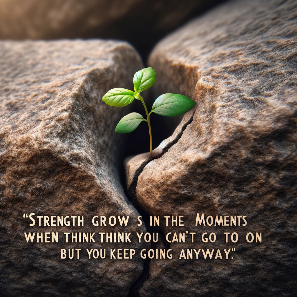 A tiny sapling growing in the crack of a large rock, showcasing resilience. Text overlay: "Strength grows in the moments when you think you can't go on but you keep going anyway."