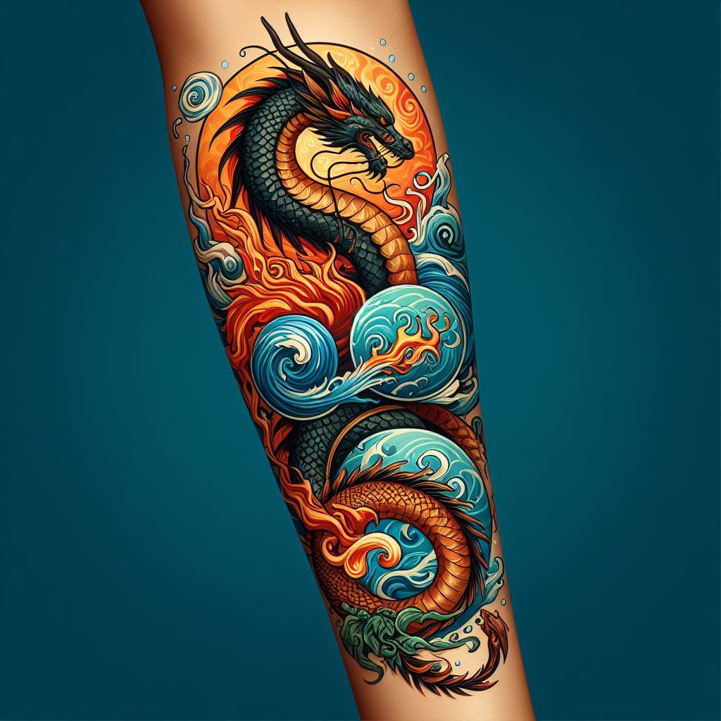 A forearm tattoo featuring a dragon intertwined with elements of fire, water, air, and earth. The dragon's body coils around the arm, with flames licking its scales, water waves flowing beneath it, wind swirls surrounding its wings, and earthy vines wrapping around its tail. This design symbolizes the harmony and balance of nature's forces, rendered in a rich palette of colors to highlight each element.