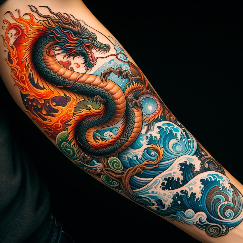 A forearm tattoo featuring a dragon intertwined with elements of fire, water, air, and earth. The dragon's body coils around the arm, with flames licking its scales, water waves flowing beneath it, wind swirls surrounding its wings, and earthy vines wrapping around its tail. This design symbolizes the harmony and balance of nature's forces, rendered in a rich palette of colors to highlight each element.