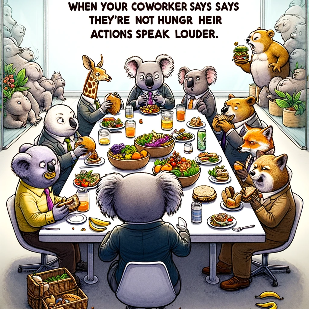 A whimsical cartoon illustration of a lunch scene at an office, with a group of diverse animals wearing business attire. They are sitting around a large table, filled with various dishes from different cuisines. One of the animals, a koala in a suit, is sneakily eating someone else's sandwich, with a caption that reads: "When your coworker says they're not hungry but their actions speak louder."