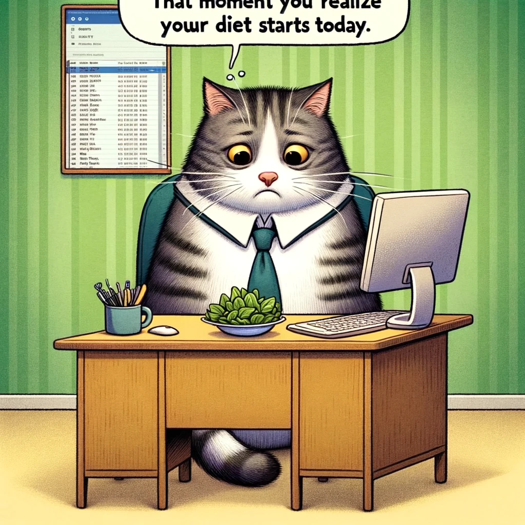 A humorous cartoon of a cat sitting at a small desk, staring at a tiny salad with a look of utter disappointment. The cat is wearing a tie and has a computer screen in the background showing an email inbox full of unread messages. The caption reads: "That moment you realize your diet starts today."
