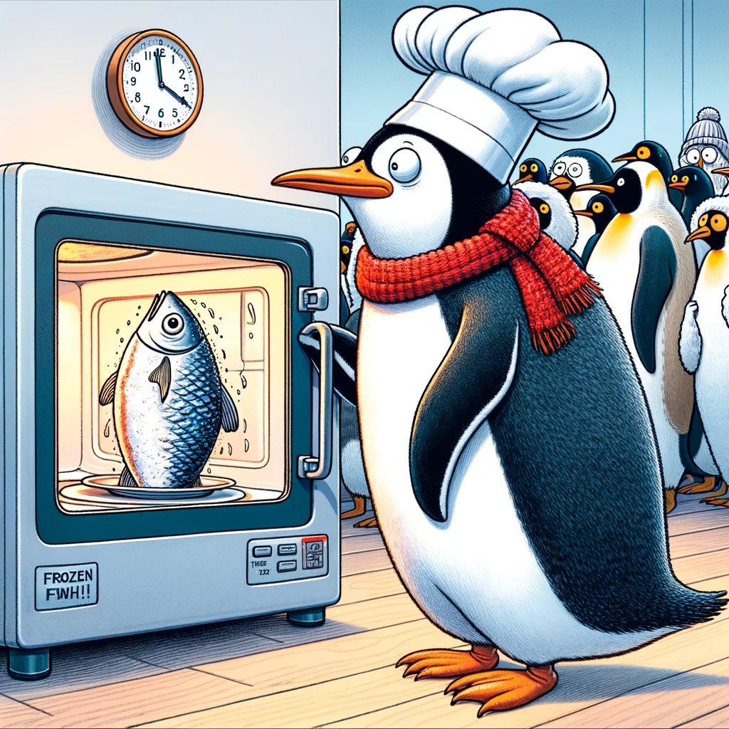 A funny cartoon scene of a penguin dressed as a chef, standing in front of a microwave with a frozen fish inside. The penguin is looking at a clock impatiently, tapping its foot. Surrounding the scene are other Antarctic animals waiting in line with their lunches. The caption reads: "When you're a gourmet chef but the office microwave is occupied."