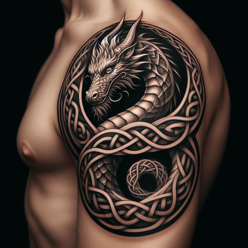 A dragon tattoo that spirals around the upper arm, its body designed in a Celtic knot style that loops and twists into a mesmerizing pattern. The dragon's head is positioned to look directly at the viewer, with intricate details in the eyes and mouth that convey wisdom and strength. This tattoo combines the symbolic power of dragons with the timeless beauty of Celtic art, creating a piece that is both meaningful and visually stunning.
