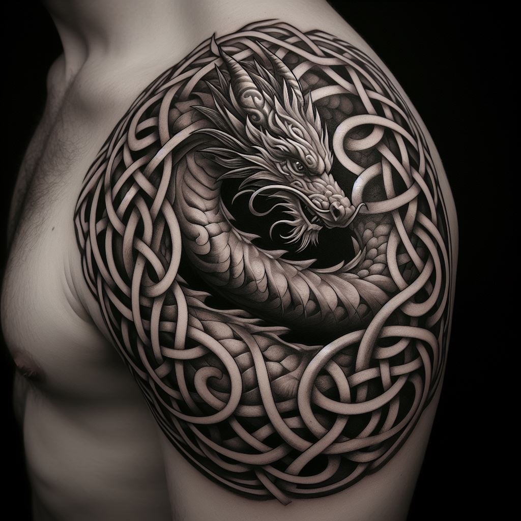A dragon tattoo that spirals around the upper arm, its body designed in a Celtic knot style that loops and twists into a mesmerizing pattern. The dragon's head is positioned to look directly at the viewer, with intricate details in the eyes and mouth that convey wisdom and strength. This tattoo combines the symbolic power of dragons with the timeless beauty of Celtic art, creating a piece that is both meaningful and visually stunning.