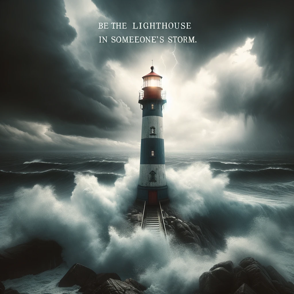A lone lighthouse standing firm against crashing waves under a stormy sky. Text overlay: "Be the lighthouse in someone's storm."