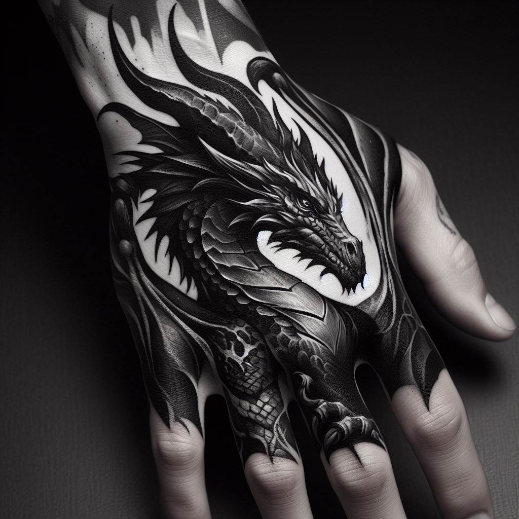 A bold dragon tattoo on the back of the hand, with its wings spread across the fingers and its body anchored to the palm. The dragon's gaze is intense, symbolizing focus and determination. The design uses deep blacks and shades of gray to create depth, with occasional bursts of color in the eyes or wings for a dramatic effect.