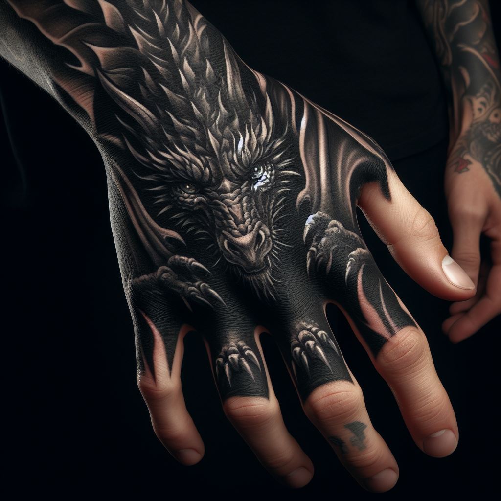 A bold dragon tattoo on the back of the hand, with its wings spread across the fingers and its body anchored to the palm. The dragon's gaze is intense, symbolizing focus and determination. The design uses deep blacks and shades of gray to create depth, with occasional bursts of color in the eyes or wings for a dramatic effect.