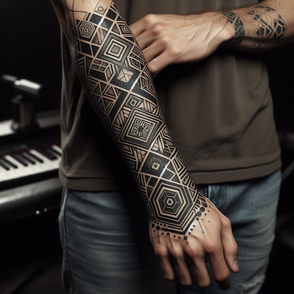 A man's forearm adorned with a geometric tattoo. The tattoo features intricate patterns of interlocking shapes and lines, extending from the wrist to the elbow. The design includes a mix of triangles, hexagons, and circles, arranged in a symmetrical pattern that wraps around the forearm, showcasing the beauty of geometry in black ink.