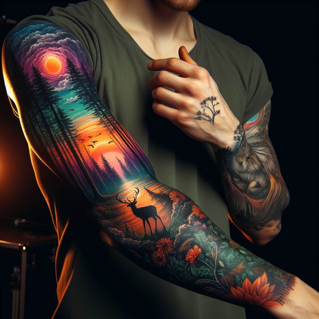 A man's forearm with a nature-inspired tattoo that spans from the wrist up towards the elbow. The tattoo is a detailed and vibrant depiction of a forest landscape at sunset, with towering trees, a setting sun in the background, and animals like deer and birds silhouetted against the sky. The colors used are rich and vivid, with shades of green, orange, and purple to bring the scene to life.