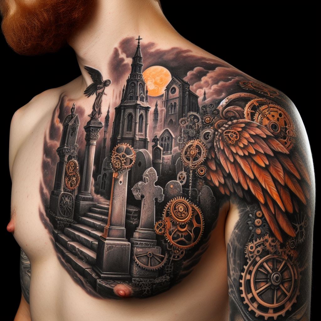 Shoulder tattoo blending steampunk aesthetics with a graveyard theme, featuring mechanical tombstones, gear-driven mausoleums, and steam-powered angels overseeing the resting place of inventors and engineers.