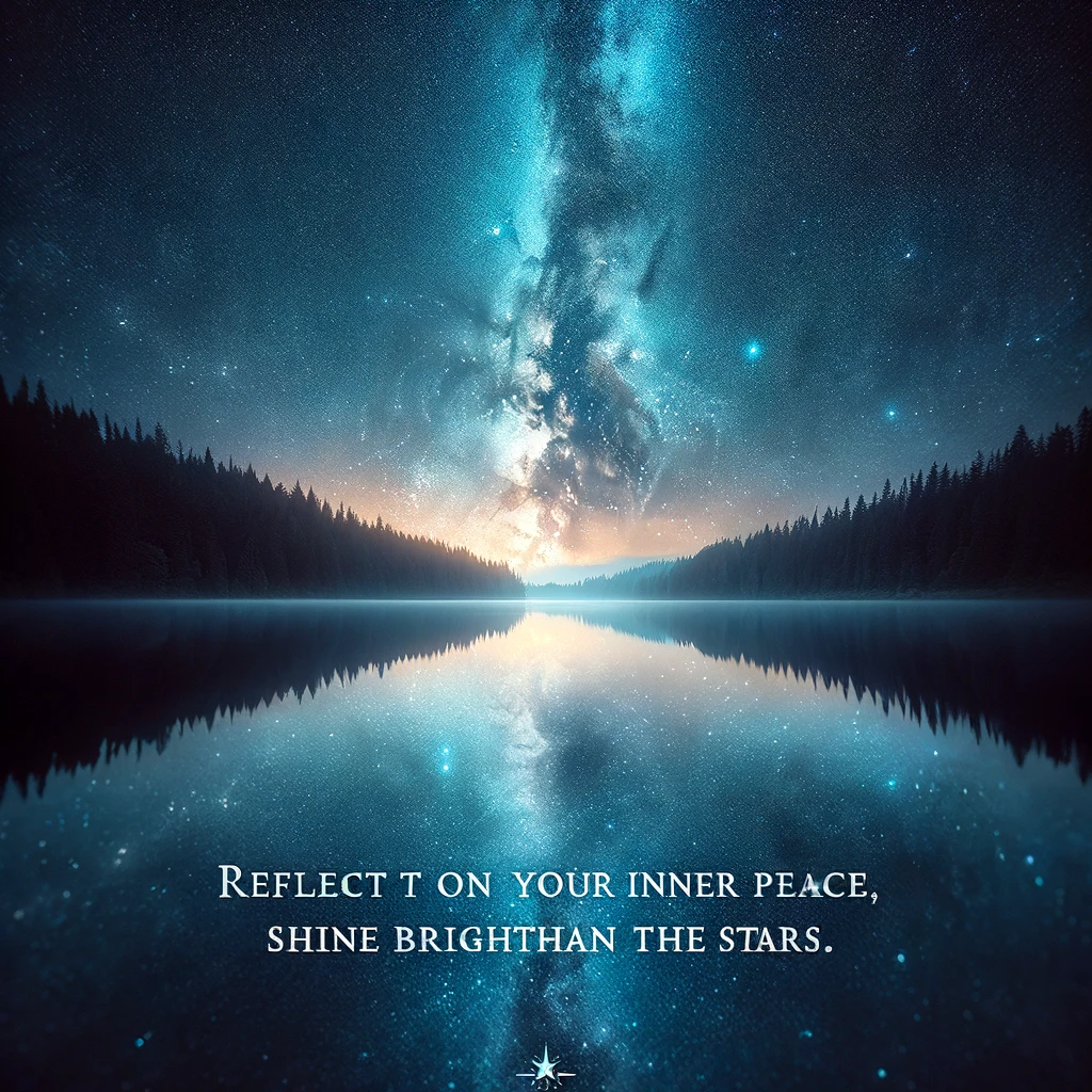 A serene lake reflecting the stars and the Milky Way above, highlighting peace and vast potential. Text overlay: "Reflect on your inner peace; shine brighter than the stars."