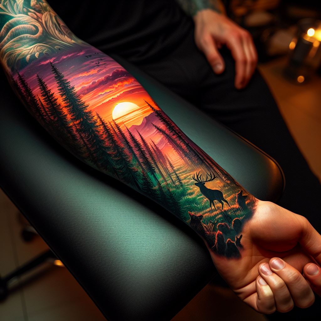 A man's forearm with a nature-inspired tattoo that spans from the wrist up towards the elbow. The tattoo is a detailed and vibrant depiction of a forest landscape at sunset, with towering trees, a setting sun in the background, and animals like deer and birds silhouetted against the sky. The colors used are rich and vivid, with shades of green, orange, and purple to bring the scene to life.