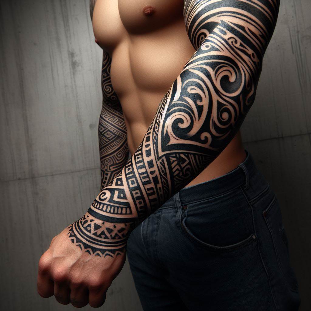 A man's forearm featuring a bold tribal tattoo. The design is characterized by thick black lines and swirling patterns that are inspired by traditional tribal art, covering the forearm from the wrist to just below the elbow. The tattoo is symmetrical, with each side mirroring the other, and incorporates cultural symbols and motifs that convey strength and courage.