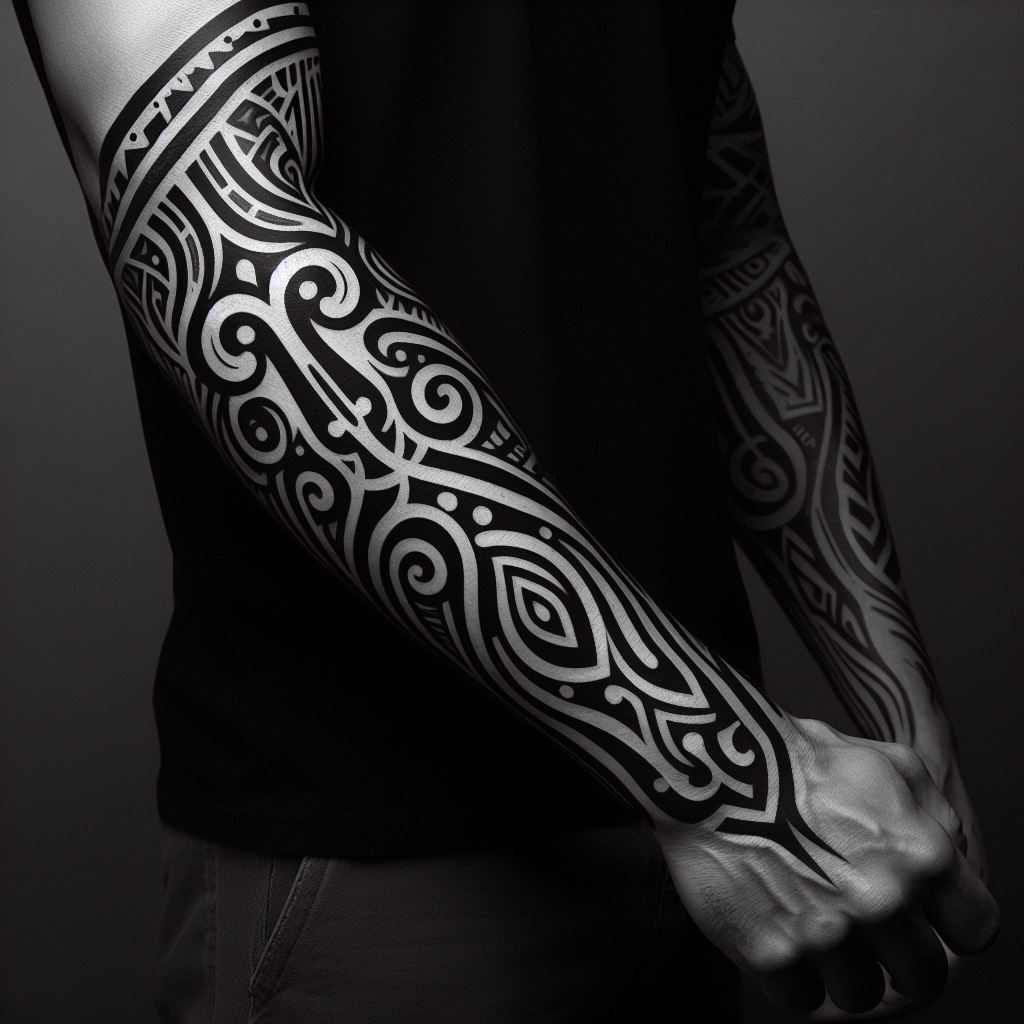 A man's forearm featuring a bold tribal tattoo. The design is characterized by thick black lines and swirling patterns that are inspired by traditional tribal art, covering the forearm from the wrist to just below the elbow. The tattoo is symmetrical, with each side mirroring the other, and incorporates cultural symbols and motifs that convey strength and courage.