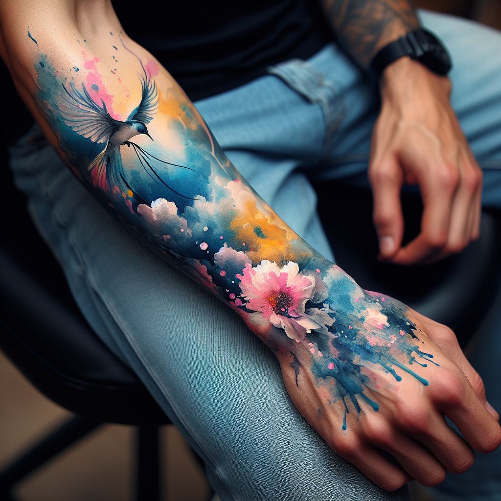 A man's forearm embellished with a watercolor tattoo. The tattoo showcases a beautiful, abstract mix of colors that flow together like watercolor on paper, with splashes of blue, pink, and yellow. The design is focused around a central theme, such as a blooming flower or a flying bird, with the watercolor effect creating a soft, dreamlike background that extends from the wrist to the elbow.
