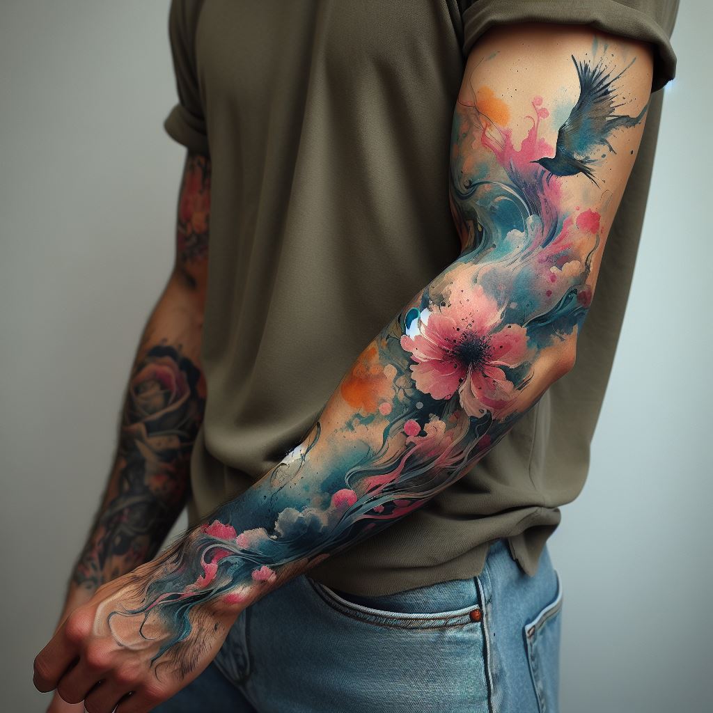 A man's forearm embellished with a watercolor tattoo. The tattoo showcases a beautiful, abstract mix of colors that flow together like watercolor on paper, with splashes of blue, pink, and yellow. The design is focused around a central theme, such as a blooming flower or a flying bird, with the watercolor effect creating a soft, dreamlike background that extends from the wrist to the elbow.