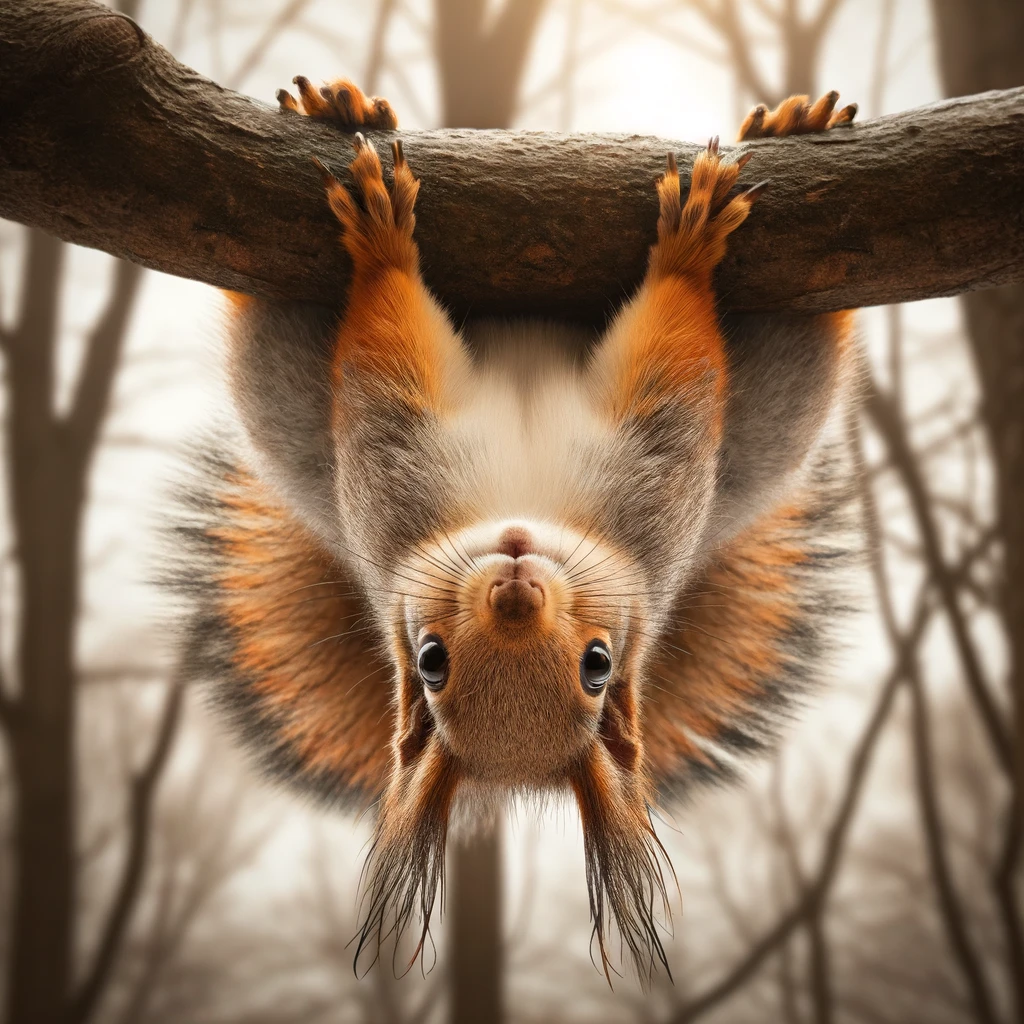 A squirrel hanging upside down from a branch, looking directly at the camera with an expression of surprise. Caption: "When you realize you forgot to hide your nuts for the winter."