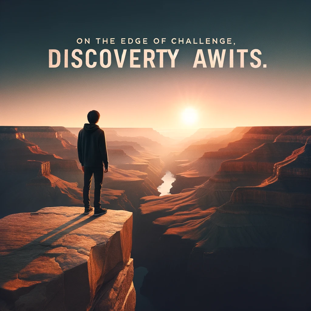 A person standing at the edge of a canyon, looking out over the vast expanse, at the break of dawn. Text overlay: "On the edge of challenge, discovery awaits."