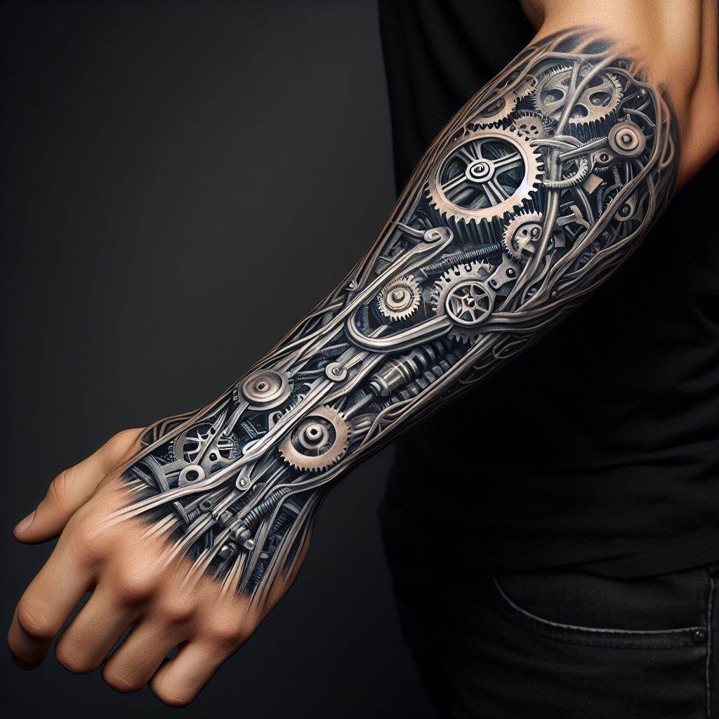 A man's forearm with a mechanical tattoo that looks like the inner workings of a machine. The tattoo reveals gears, cogs, and wires intricately intertwined, giving the illusion that the skin has been peeled back to expose a mechanical structure beneath. The design stretches from the wrist to the elbow, with incredible detail to make the mechanical components look realistic and three-dimensional in shades of grey and metallic.