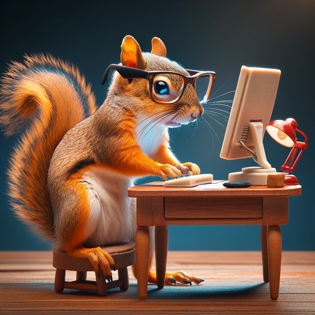 A squirrel sitting at a tiny desk with a computer, wearing glasses and looking very focused. Caption: "Just a squirrel trying to get my nuts in order."