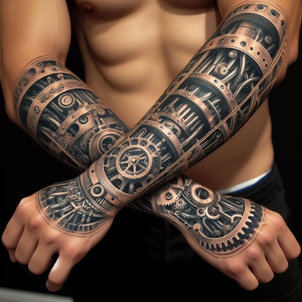 A man's forearm with a mechanical tattoo that looks like the inner workings of a machine. The tattoo reveals gears, cogs, and wires intricately intertwined, giving the illusion that the skin has been peeled back to expose a mechanical structure beneath. The design stretches from the wrist to the elbow, with incredible detail to make the mechanical components look realistic and three-dimensional in shades of grey and metallic.