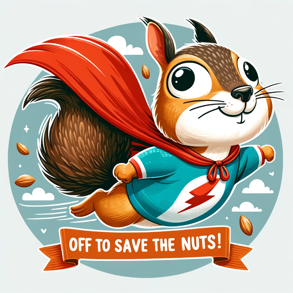 A squirrel with a superhero cape flying through the sky, with a determined expression. Caption: "Off to save the nuts!"