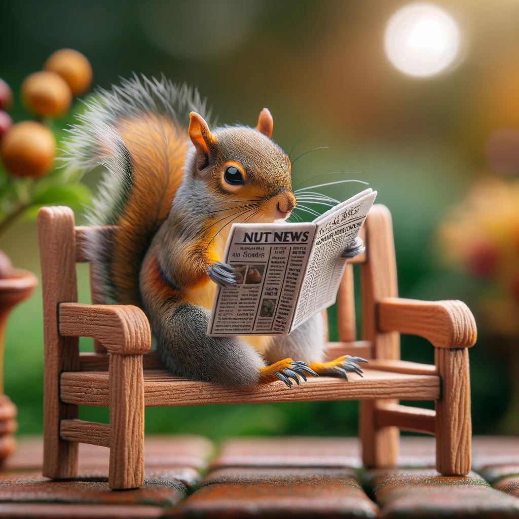 A squirrel sitting on a tiny bench in a park, holding a miniature newspaper. Caption: "Catching up on the latest nut news."