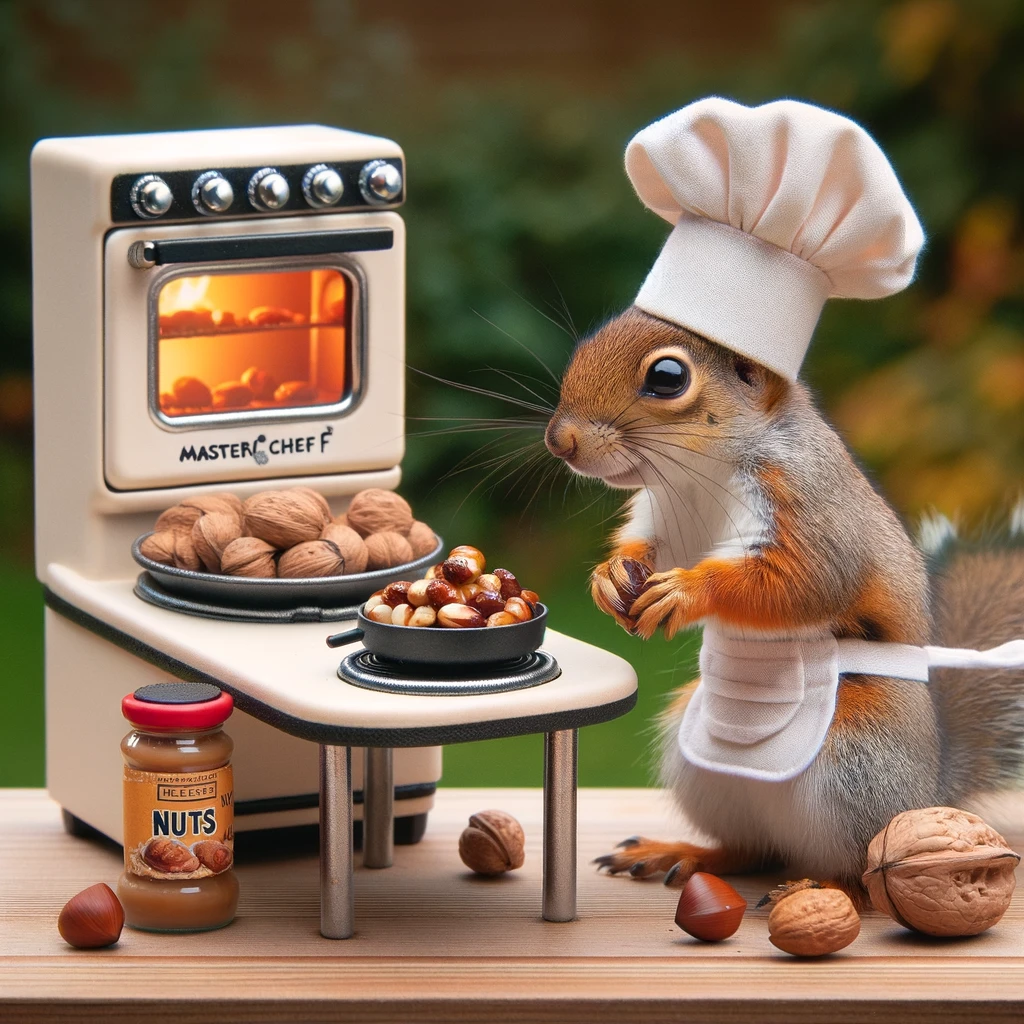 A squirrel wearing a chef hat and apron, standing in front of a tiny stove cooking nuts. Caption: "Masterchef Squirrel: Nuts Edition."