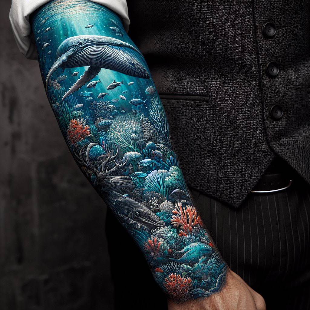 A man's forearm adorned with an oceanic-themed tattoo. This tattoo spans from the wrist to the elbow, featuring a stunning underwater scene with a variety of marine life, including a majestic whale, schools of fish, and coral reefs. The design captures the depth and mystery of the ocean, with vibrant blues and greens to represent the water, and meticulous details on the creatures and plants.