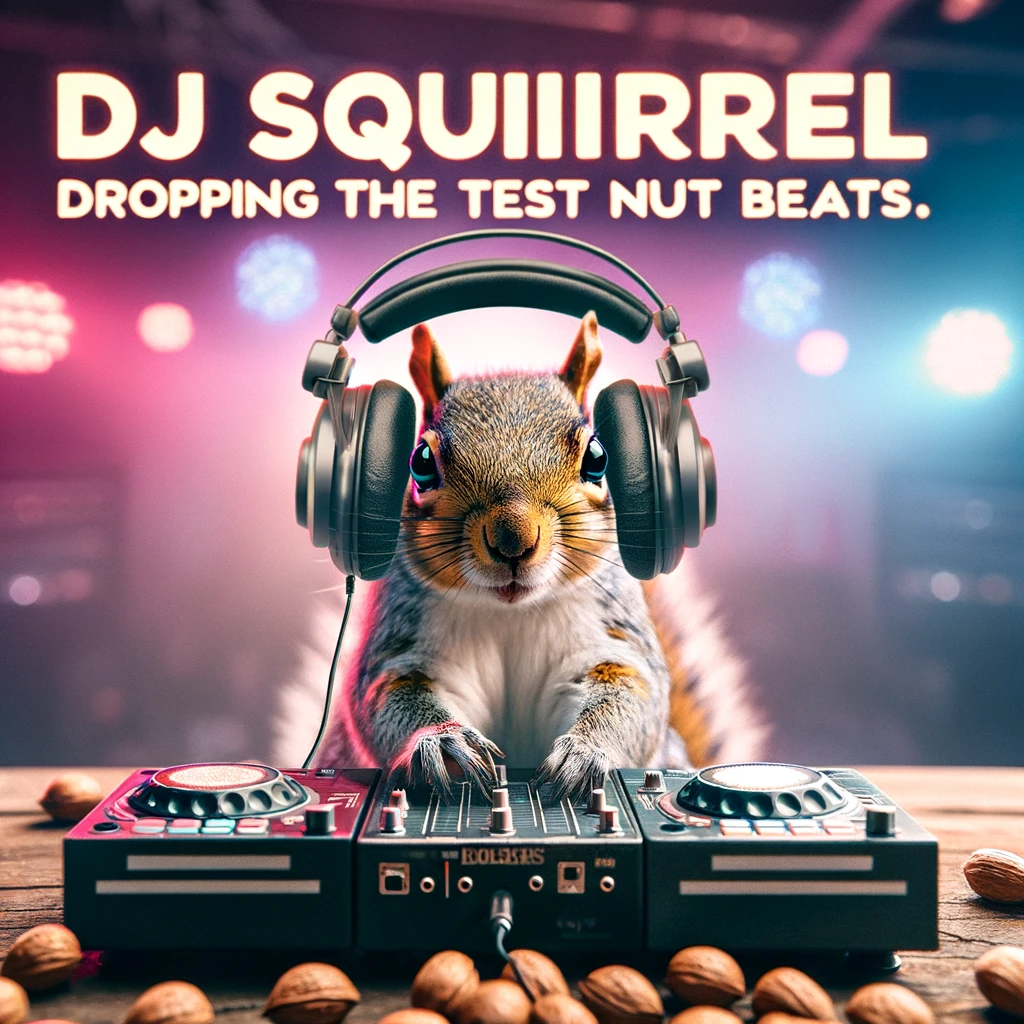 A squirrel with headphones on, sitting in front of a DJ setup in a club, looking focused. Caption: "DJ Squirrel dropping the hottest nut beats."
