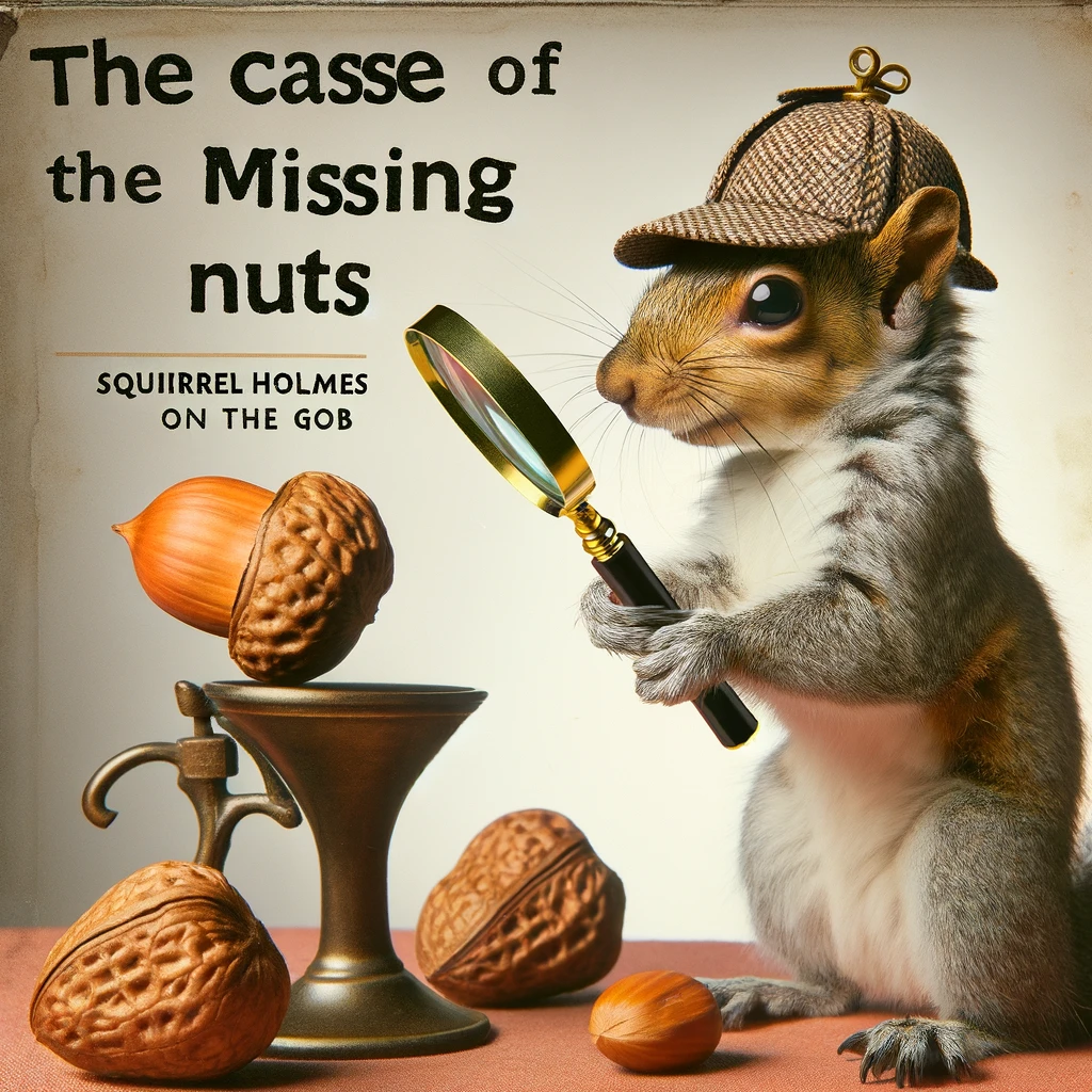 A squirrel in detective attire, magnifying glass in paw, inspecting a nut closely. Caption: "The case of the missing nuts: Squirrel Holmes on the job."