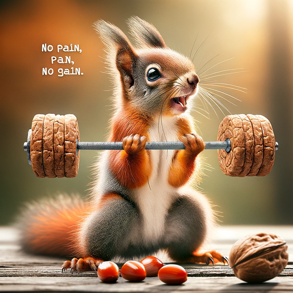 A squirrel attempting to lift a tiny barbell made of nuts, with a determined expression. Caption: "No pain, no gain. Squirrel Fitness."