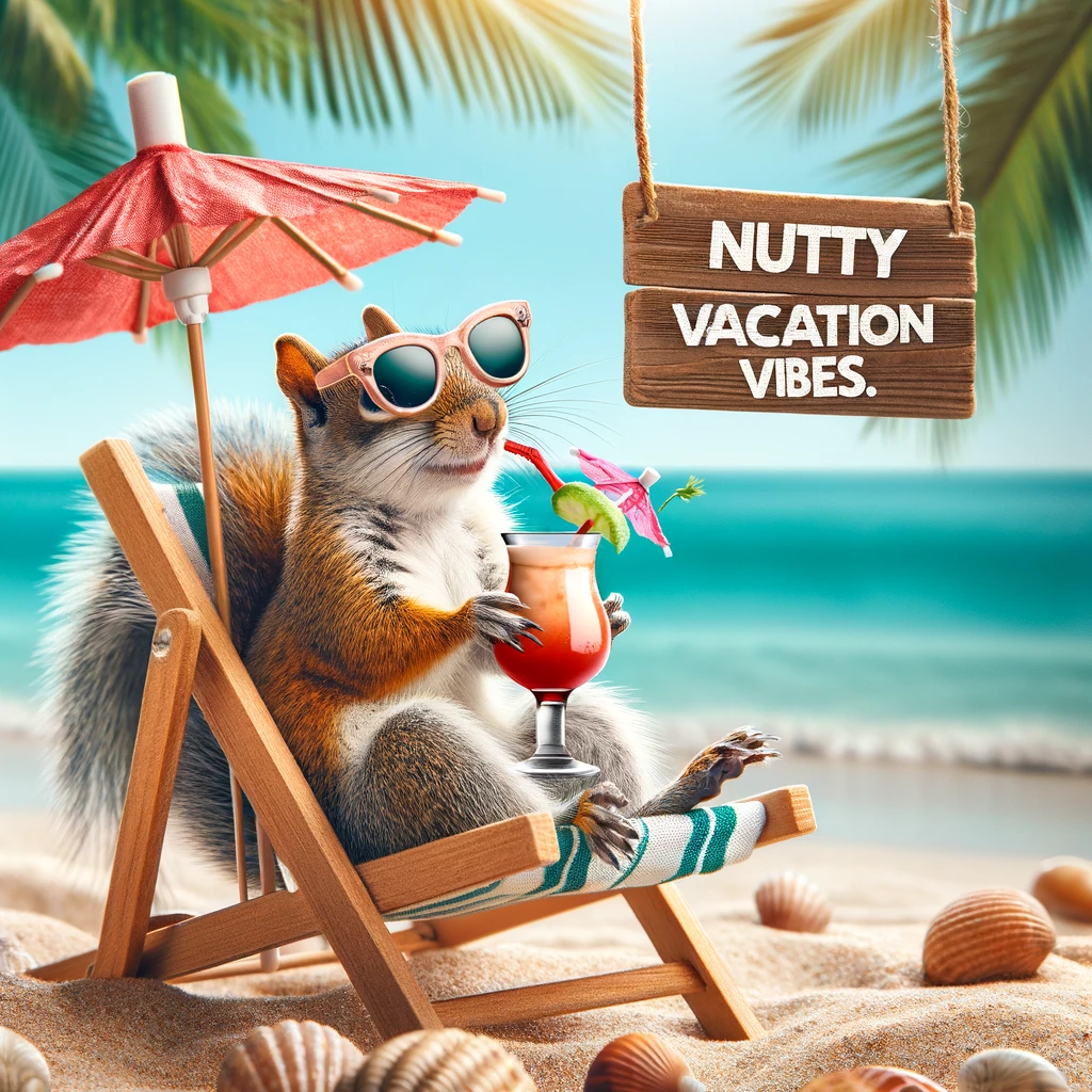 A squirrel sitting on a beach chair under an umbrella, sunglasses on, holding a tiny cocktail. Caption: "Nutty vacation vibes."