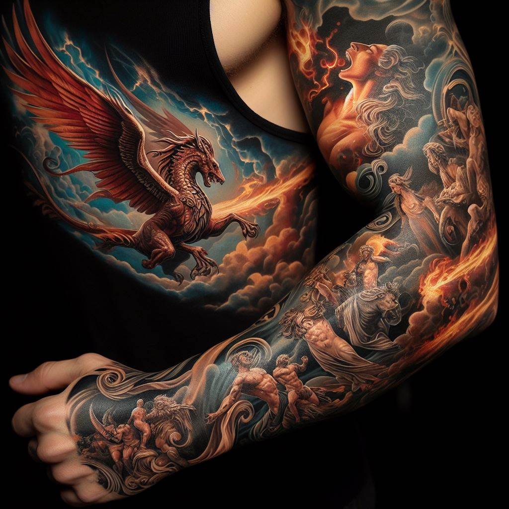 A man's forearm with a tattoo that brings to life mythological creatures and gods. The design stretches from the wrist to the elbow, featuring figures such as a fierce dragon, a noble phoenix, or ancient Greek gods in action, depicted in a dynamic and dramatic style. The tattoo blends elements of fantasy with artful execution, using rich colors and detailed shading to make the mythological theme come alive.