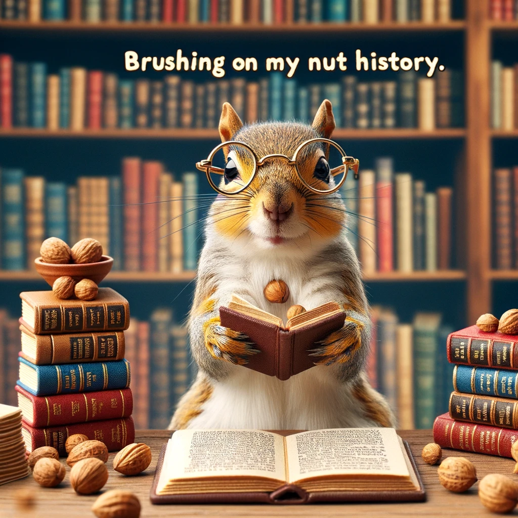 A squirrel sitting in a library, surrounded by tiny books, wearing reading glasses. Caption: "Brushing up on my nut history."