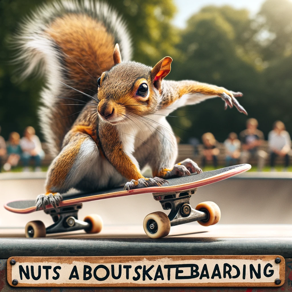 A squirrel on a skateboard, performing a trick in a skate park, looking cool. Caption: "Nuts about skateboarding."