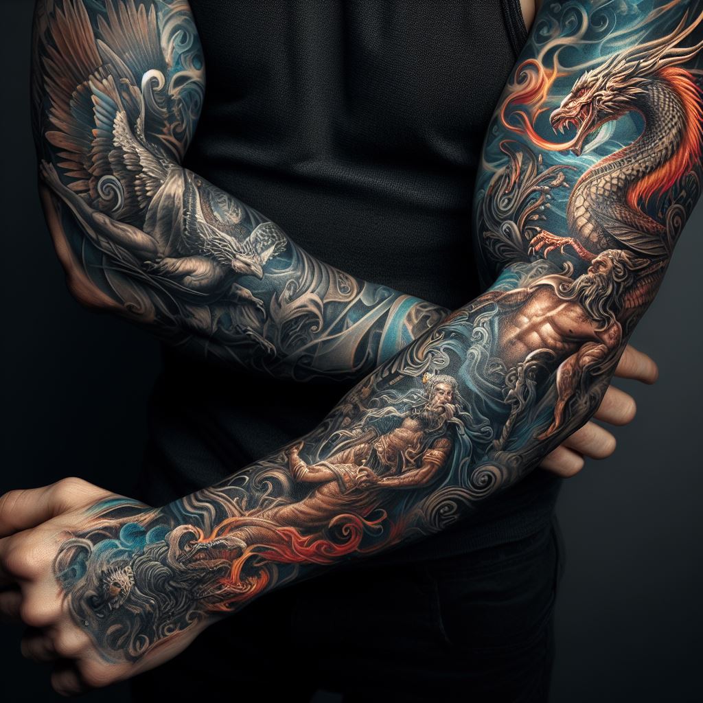 A man's forearm with a tattoo that brings to life mythological creatures and gods. The design stretches from the wrist to the elbow, featuring figures such as a fierce dragon, a noble phoenix, or ancient Greek gods in action, depicted in a dynamic and dramatic style. The tattoo blends elements of fantasy with artful execution, using rich colors and detailed shading to make the mythological theme come alive.