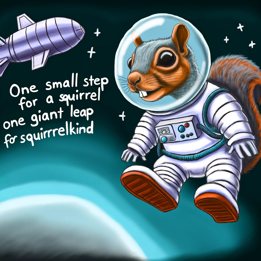 A squirrel in astronaut gear, floating in space near a spaceship. Caption: "One small step for a squirrel, one giant leap for squirrelkind."