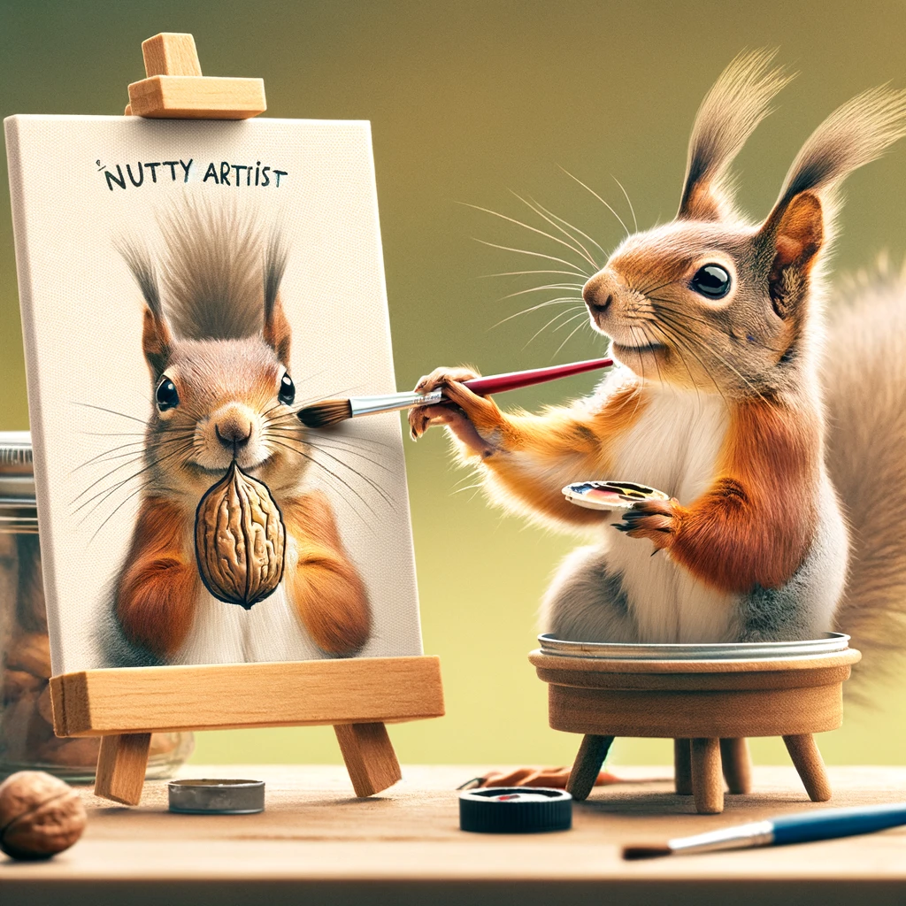 A squirrel holding a paintbrush, in front of an easel, painting a portrait of a nut. Caption: "The nutty artist at work."