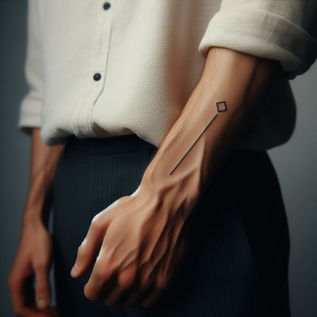 A man's forearm featuring a minimalist tattoo. This tattoo is characterized by its simplicity and elegance, with a single line or a small, simple symbol located near the wrist or the elbow. The design could be a meaningful word in a sleek font, a small geometric shape, or a delicate outline of a natural element like a leaf or a mountain, executed in black ink for a subtle yet impactful statement.