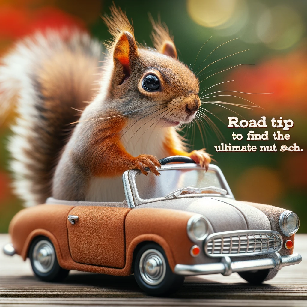A squirrel sitting at the wheel of a tiny car, looking focused on the road ahead. Caption: "Road trip to find the ultimate nut stash."