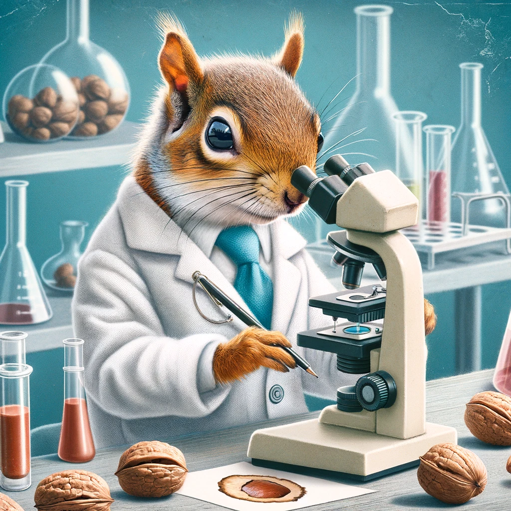 A squirrel in a lab coat, looking through a microscope at a slide. Caption: "Scientist squirrel making groundbreaking nut discoveries."
