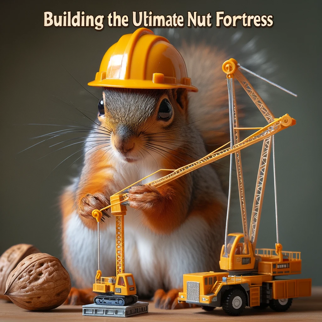 A squirrel wearing a tiny hard hat, operating a miniature construction crane. Caption: "Building the ultimate nut fortress."