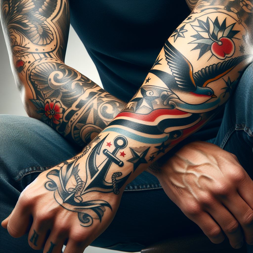 A man's forearm embellished with a vintage-style tattoo. The tattoo harks back to the classic American traditional tattoos, featuring bold lines and a limited color palette. Designs could include iconic symbols such as anchors, swallows, or nautical stars, arranged in a cohesive composition that wraps around the forearm, from the wrist to the elbow, embodying the timeless appeal of vintage ink.