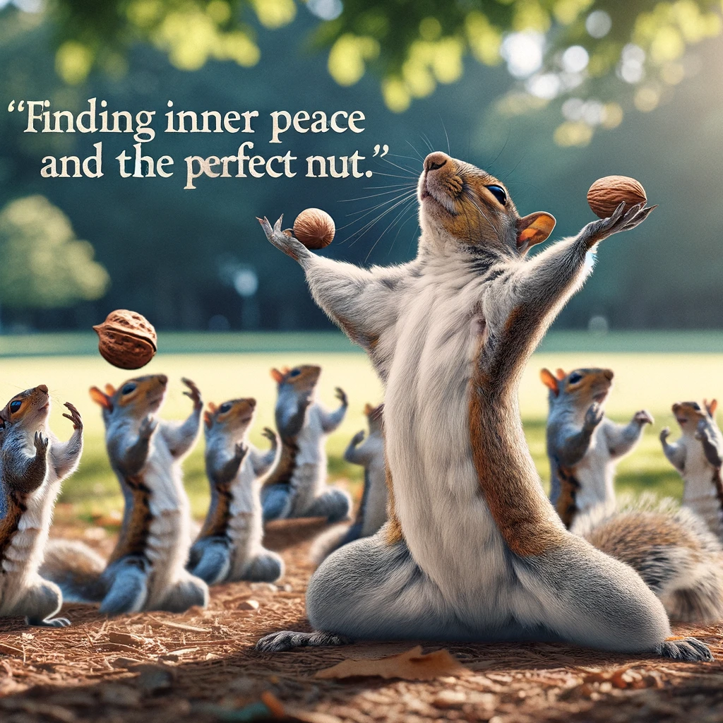 A squirrel posing as a yoga instructor, leading a class of other squirrels in a park. Caption: "Finding inner peace and the perfect nut."