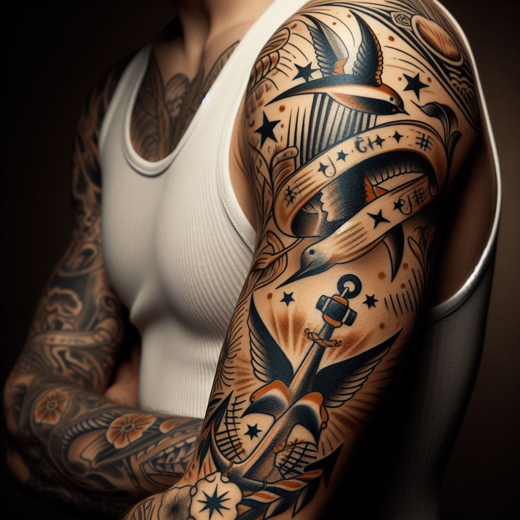 A man's forearm embellished with a vintage-style tattoo. The tattoo harks back to the classic American traditional tattoos, featuring bold lines and a limited color palette. Designs could include iconic symbols such as anchors, swallows, or nautical stars, arranged in a cohesive composition that wraps around the forearm, from the wrist to the elbow, embodying the timeless appeal of vintage ink.