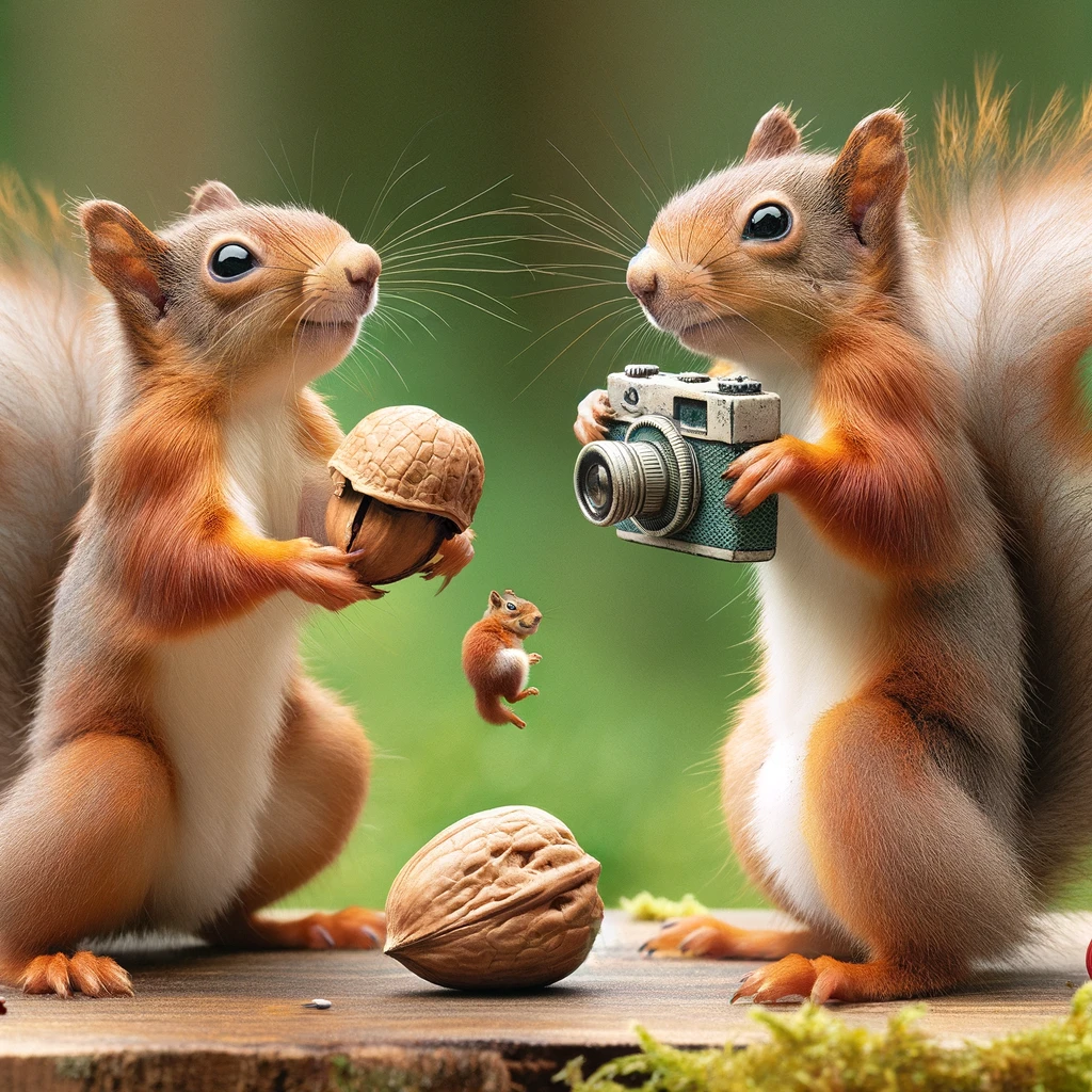 A squirrel with a tiny camera, taking a photograph of another squirrel posing with a nut. Caption: "Capturing nutty moments."